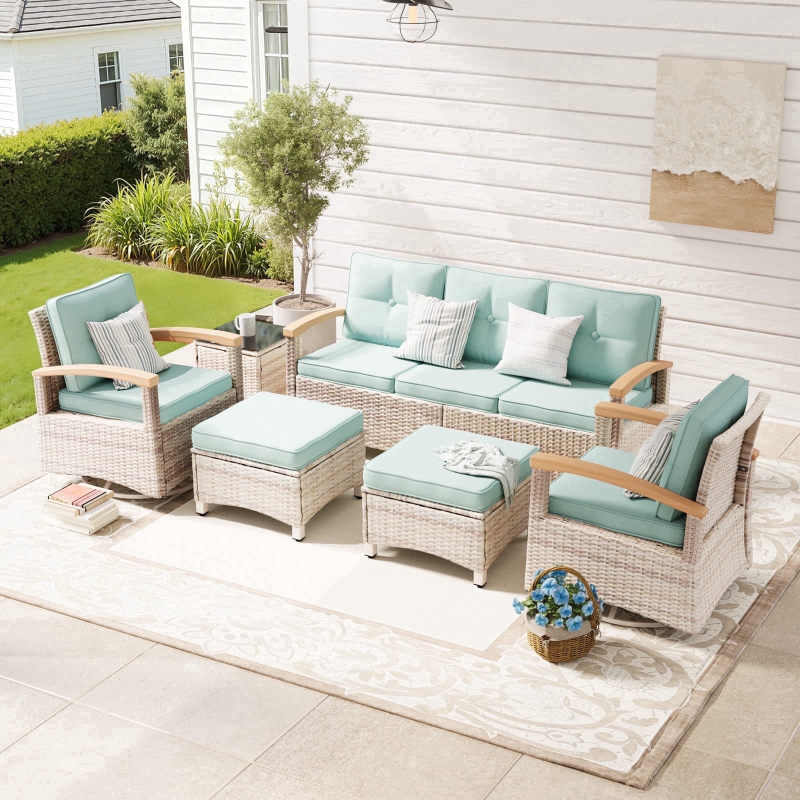 MEISSALIVVE 6 Pieces Patio Furniture Sets,Wicker Patio Conversation Sets with 2 Wood Armrests Swivel Glide Chairs, 2 Ottomans for Deck Yard and Poolside (Blue)