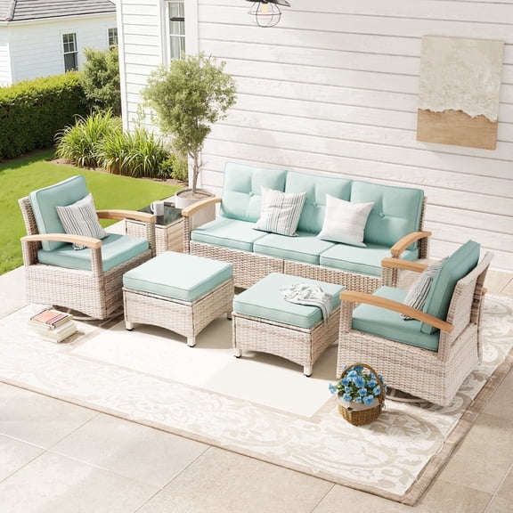 MEISSALIVVE 6 Pieces Patio Furniture Sets,Wicker Patio Conversation Sets with 2 Wood Armrests Swivel Glide Chairs, 2 Ottomans for Deck Yard and Poolside (Blue)