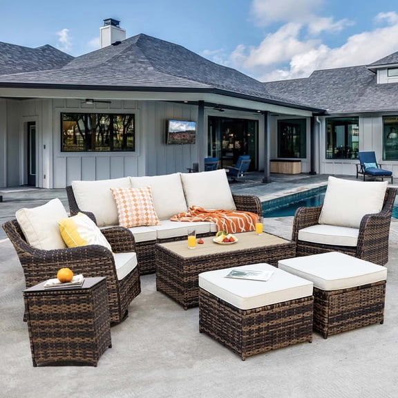 MEISSALIVVE 7-Piece Outdoor Wicker Patio Furniture Set, Swivel Rocker Chairs, 3-Seat Sofa, Ottomans, and Coffee Table, Beige