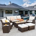 thumbnail image 1 of MEISSALIVVE 7-Piece Outdoor Wicker Patio Furniture Set, Swivel Rocker Chairs, 3-Seat Sofa, Ottomans, and Coffee Table, Beige, 1 of 9