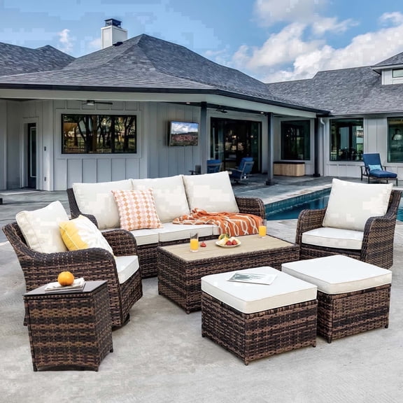 MEISSALIVVE 7-Piece Outdoor Wicker Patio Furniture Set, Swivel Rocker Chairs, 3-Seat Sofa, Ottomans, and Coffee Table, Beige
