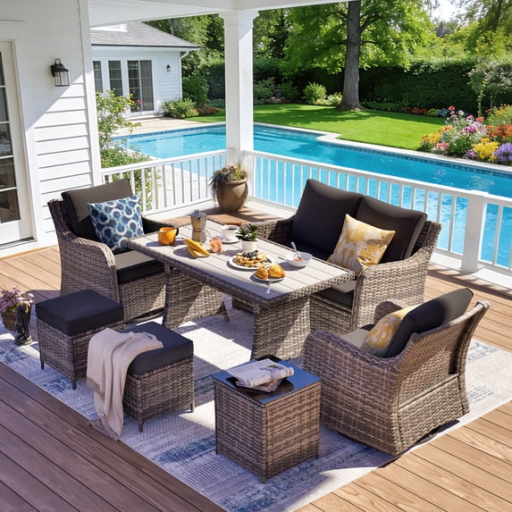 MEISSALIVVE 7 Pieces Patio Furniture Set with Dining Table, Outdoor Wicker Conversation Set with 2-Seat Sofa, Wicker Armrest Swivel Chairs, 2 Ottomans, Black