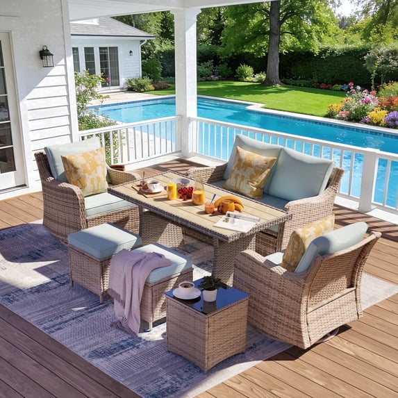 MEISSALIVVE 7 Pieces Patio Furniture Set with Dining Table, Outdoor Wicker Conversation Set with 2-Seat Sofa, Wicker Armrest Swivel Chairs, 2 Ottomans, Blue