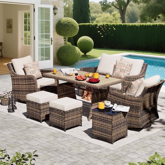 MEISSALIVVE 7 Pieces Outdoor Patio Furniture Set, Wicker Patio Conversation Set with Swivel Chairs, Patio Sectional Furniture Set with Loveseat, 2 Ottomans and Dining Table (Brown)