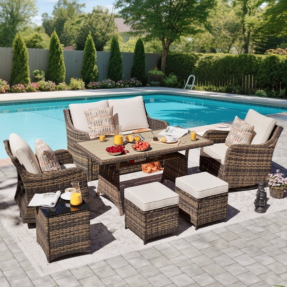 MEISSALIVVE 7 Pieces Patio Furniture Set with Dining Table, Outdoor Wicker Conversation Set with 2-Seat Sofa, Wicker Armrest Swivel Chairs, 2 Ottomans, Beige