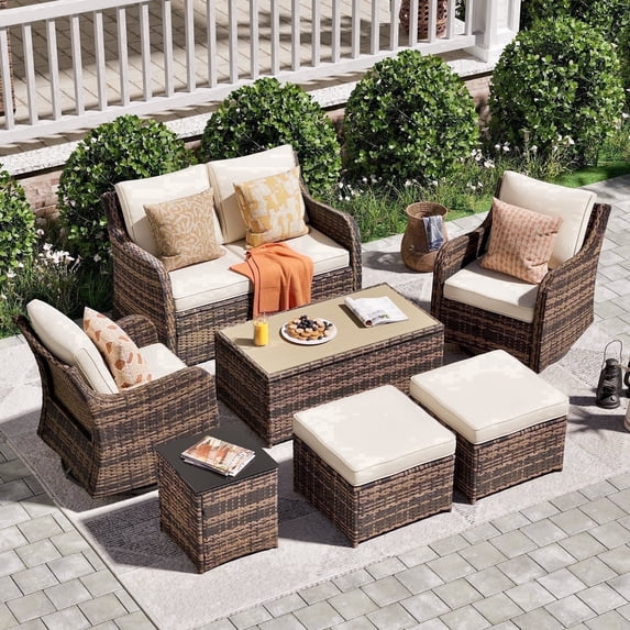 MEISSALIVVE 7-Piece Outdoor Wicker Patio Furniture Set, Rattan Sofa with Loveseat, 2 Swivel Rocker Chairs, 2 Ottomans & Coffee Table, Brown