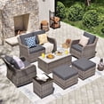 thumbnail image 1 of MEISSALIVVE 7-Piece Outdoor Wicker Patio Furniture Set, Rattan Sofa with Loveseat, 2 Swivel Rocker Chairs, 2 Ottomans & Coffee Table, Gray, 1 of 9