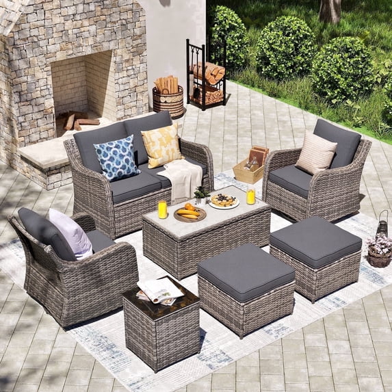 MEISSALIVVE 7-Piece Outdoor Wicker Patio Furniture Set, Rattan Sofa with Loveseat, 2 Swivel Rocker Chairs, 2 Ottomans & Coffee Table, Gray