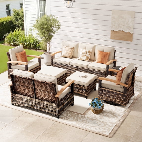 MEISSALIVVE 7 Pieces Outdoor Patio Furniture Sets, Wicker Patio Conversation Sets with 2 Wood Armrests Swivel Glide Chairs, Outdoor Couch for Deck Yard and Poolside (Beige)