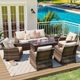 thumbnail image 1 of MEISSALIVVE 7 Pieces Patio Furniture Set with 43" Fire Pit Table, Wicker Patio Conversation Set with Swivel Rocking Chairs, Outdoor Patio Set for Lawn Backyard Porch (Brown), 1 of 10