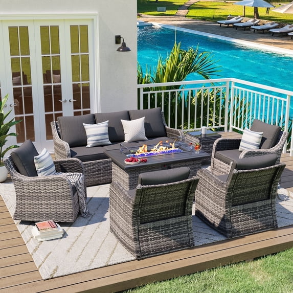 MEISSALIVVE 7 Pieces Patio Furniture Set with 43" Fire Pit Table, Wicker Patio Conversation Set with Swivel Rocking Chairs, Outdoor Patio Set for Lawn Backyard Porch (Grey)