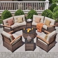 thumbnail image 1 of MEISSALIVVE 9-Piece Outdoor Patio Furniture Set, Half-Moon Curved Rattan, 2 Wood Armrest Swivel Chairs, Round Coffee Table & Side Tables(Brown), 1 of 8