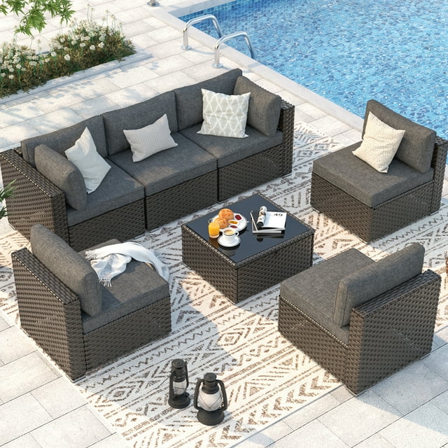 MEISSALIVVE 7-Piece Wicker Patio Set with Storage Table & Adjustable ...