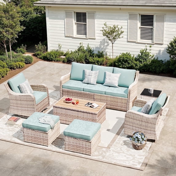 MEISSALIVVE 7 Pieces Patio Furniture Set with Swivel Chair, Outdoor Patio Conversation Set, Patio Sectional Furniture Set with 2 Swivel Rocker Patio Chair and Sofa, 2 Ottomans and Coffee Table (Blue)