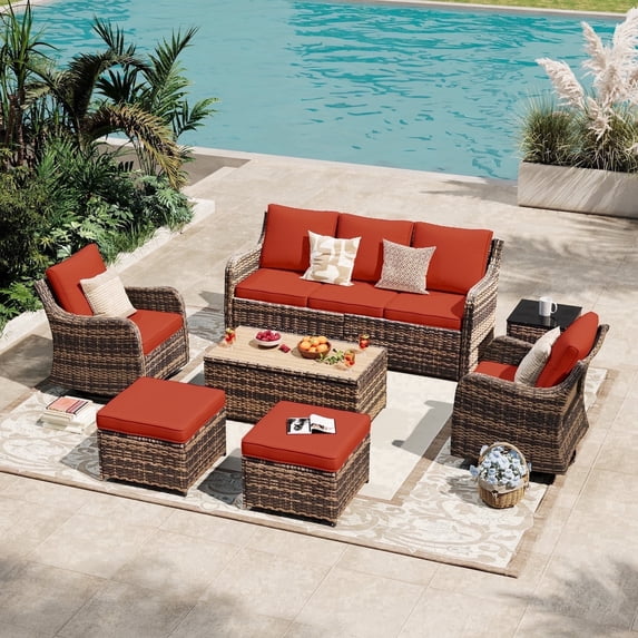 MEISSALIVVE 7 Pieces Patio Furniture Set with Swivel Chair, Outdoor Patio Conversation Set, Patio Sectional Furniture Set with 2 Swivel Rocker Patio Chair and Sofa, 2 Ottomans and Coffee Table (Red)