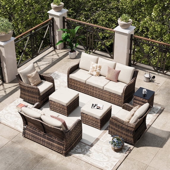 MEISSALIVVE 7 Pieces Patio Furniture Set with Swivel Chair, Wicker Patio Sofa, Rattan Conversation Set with Three-seat sofa, 2 Ottomans and Loveseat for Lawn Backyard (Beige)