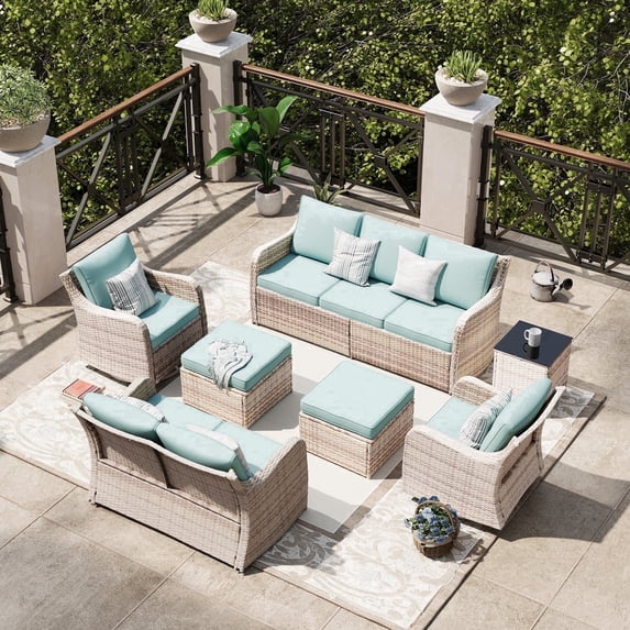 MEISSALIVVE 7 Pieces Patio Furniture Set with Swivel Chair, Wicker Patio Sofa, Rattan Conversation Set with Three-seat sofa, 2 Ottomans and Loveseat for Lawn Backyard (Blue)
