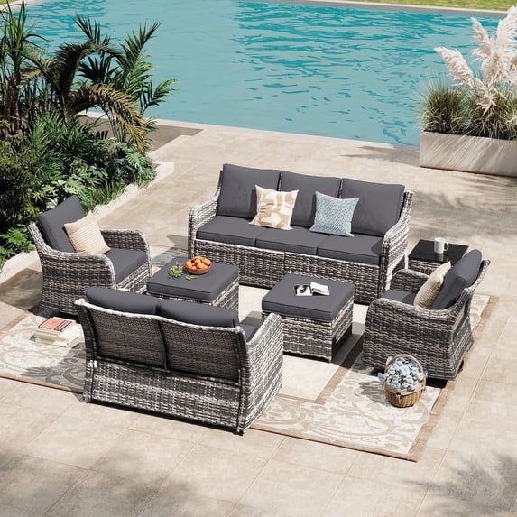 MEISSALIVVE 7 Pieces Patio Furniture Set with Swivel Chair, Wicker Patio Sofa, Rattan Conversation Set with Three-seat sofa, 2 Ottomans and Loveseat for Lawn Backyard (Gray)