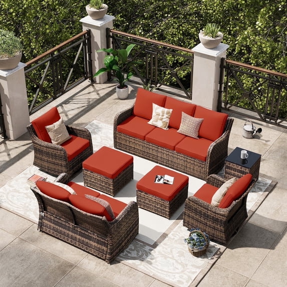 MEISSALIVVE 7 Pieces Patio Furniture Set with Swivel Chair, Wicker Patio Sofa, Rattan Conversation Set with Three-seat sofa, 2 Ottomans and Loveseat for Lawn Backyard (Red)