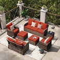 thumbnail image 1 of MEISSALIVVE 7 Pieces Patio Furniture Set with Swivel Chair, Wicker Patio Sofa, Rattan Conversation Set with Three-seat sofa, 2 Ottomans and Loveseat for Lawn Backyard (Red), 1 of 8