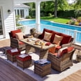 thumbnail image 1 of MEISSALIVVE 7 Pieces Patio Furniture Set with Swivel Chairs, Wicker Patio Conversation Set, Outdoor Patio Set with 2 Swivel Rocking Chair & Sofa, 2 Ottomans and Dining Table (Red), 1 of 9