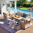 thumbnail image 1 of MEISSALIVVE 7 Pieces Patio Furniture Set with Dining Table, Outdoor Wicker Conversation Set with Wicker Armrest Swivel Chairs,3-seat Sofa, 2 Ottomans, Blue, 1 of 9