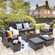 MEISSALIVVE 7-Piece Patio Furniture Set, Outdoor Rattan Conversation Set with 2 Swivel Rocker Chairs, 3-Seat Sofa, 2 Ottomans & Coffee Table, Gray