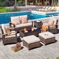 thumbnail image 1 of MEISSALIVVE 7 Pieces Patio Furniture Sets,Outdoor Rattan Conversation Set with 2 Wood Armrest Swivel Chairs, 2 Ottoman, 2-Seat Sofa & Coffee Table(Beige), 1 of 7