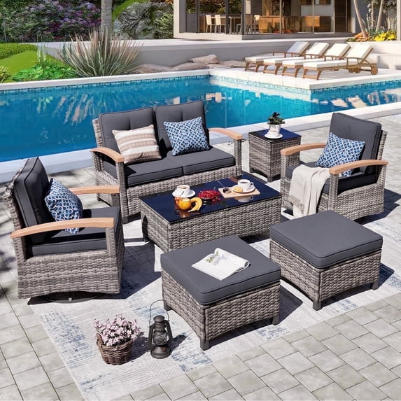MEISSALIVVE 7 Pieces Patio Furniture Sets, Outdoor Rattan Conversation Set with 2 Wood Armrest Swivel Chairs, 2 Ottoman, 2-Seat Sofa&Coffee Table(Grey)
