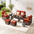 thumbnail image 1 of MEISSALIVVE 7 Pieces Patio Furniture Set with Dining Table, Outdoor Wicker Conversation Set with 2-Seat Sofa, Wood Armrest Swivel Chairs, 2 Ottomans, Red, 1 of 10