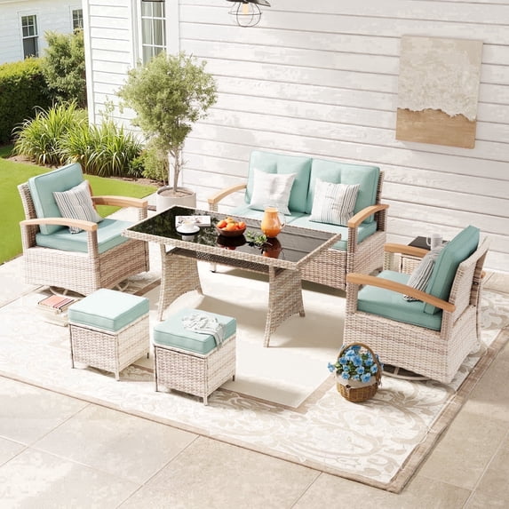 MEISSALIVVE 7 Pieces Patio Furniture Set with Dining Table, Outdoor Wicker Conversation Set with 2-Seat Sofa, Wood Armrest Swivel Chairs, 2 Ottomans, Blue
