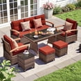 thumbnail image 1 of MEISSALIVVE 7 Pieces Patio Furniture Set with Dining Table, Outdoor Wicker Conversation Set with Wood Armrest Swivel Chairs,3-seat Sofa, 2 Ottomans, Red, 1 of 8