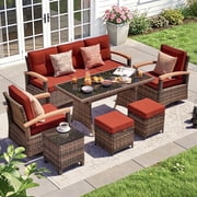 MEISSALIVVE 7 Pieces Patio Furniture Set with Dining Table, Outdoor Wicker Conversation Set with Wood Armrest Swivel Chairs,3-seat Sofa, 2 Ottomans, Red