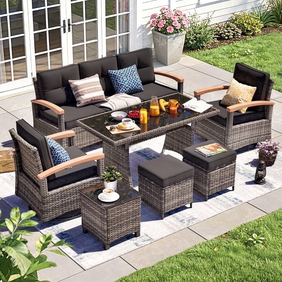 MEISSALIVVE 7 Pieces Patio Furniture Set with Dining Table, Outdoor Wicker Conversation Set with Wood Armrest Swivel Chairs,3-seat Sofa, 2 Ottomans, Black
