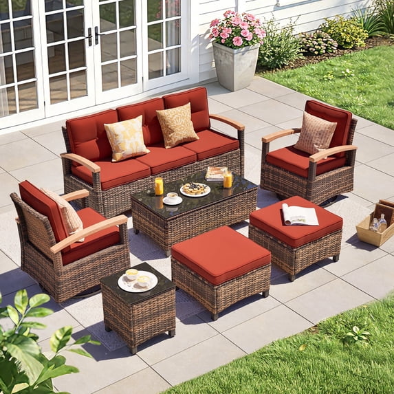 MEISSALIVVE 7 Pieces Patio Furniture Sets,Wicker Patio Conversation Sets with 2 Wood Armrests Swivel Glide Chairs, 2 Ottoman, 3-seat Sofa and Coffee Table (Red)