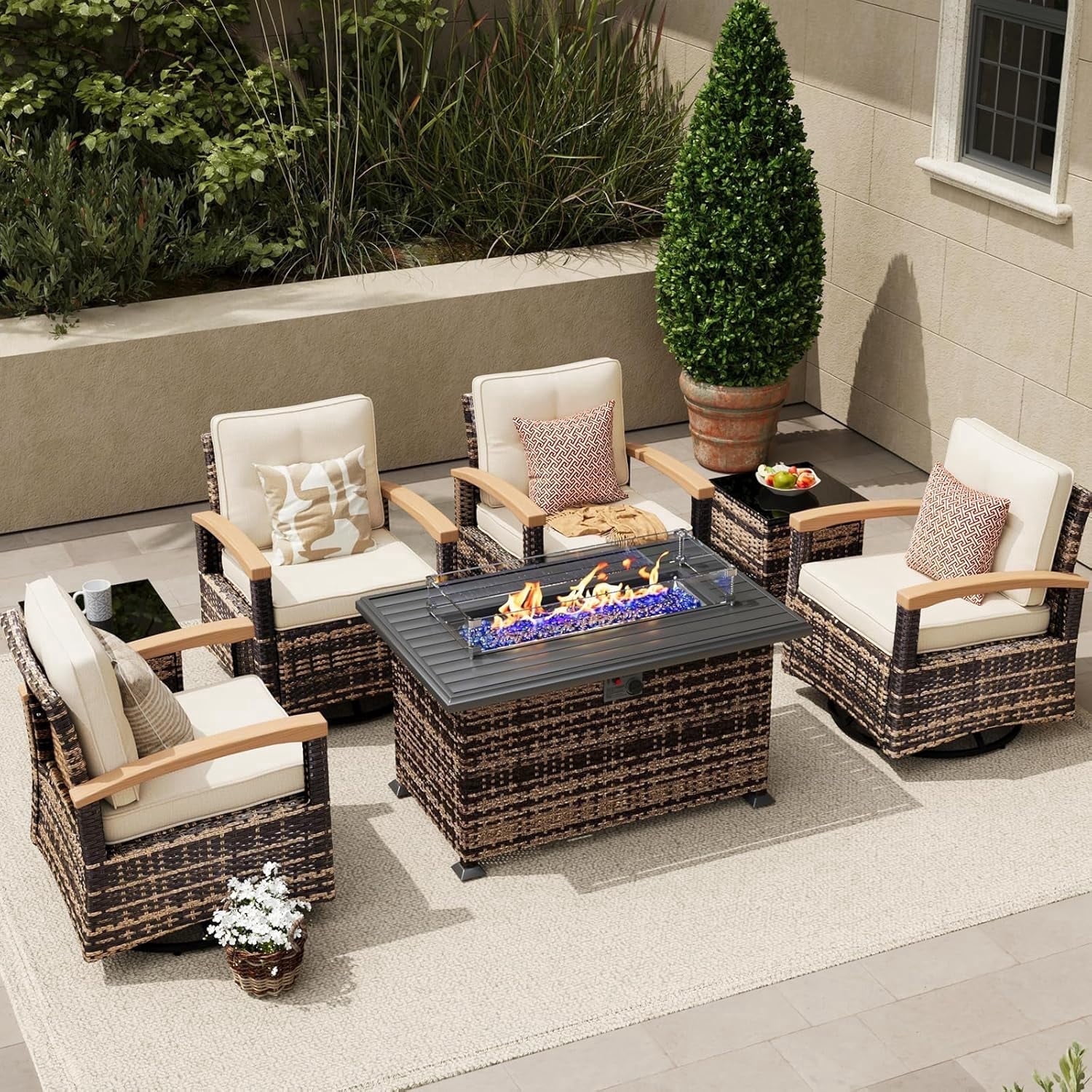 MEISSALIVVE 7 Pieces Patio Furniture Sets with Fire Pit Table, Wicker Outdoor Conversation Sets with 4 Swivel Rocker Chairs and Side Table(Brown)