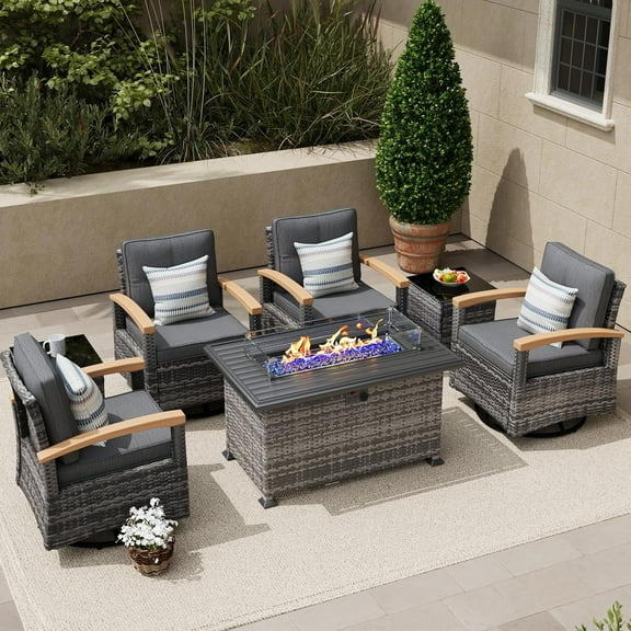 MEISSALIVVE 7 Pieces Patio Furniture Sets with Fire Pit Table, Wicker Outdoor Conversation Sets with 4 Swivel Rocker Chairs and Side Table(Grey)