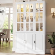 MEISSALIVVE 78.7" Kitchen Pantry Cabinet with Glass Doors & LED Lights, Freestanding Storage Hutch with Shelves, White Pantry Cupboard, 47.2" W x 15.7" D