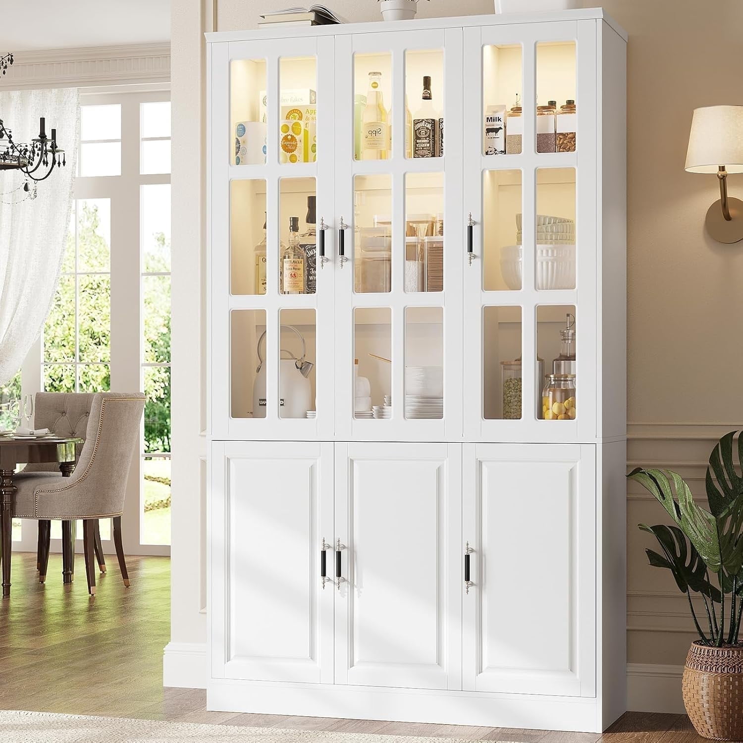 MEISSALIVVE 78.7" Kitchen Pantry Cabinet with Glass Doors & LED Lights, Freestanding Storage Hutch with Shelves, White Pantry Cupboard, 47.2" W x 15.7" D
