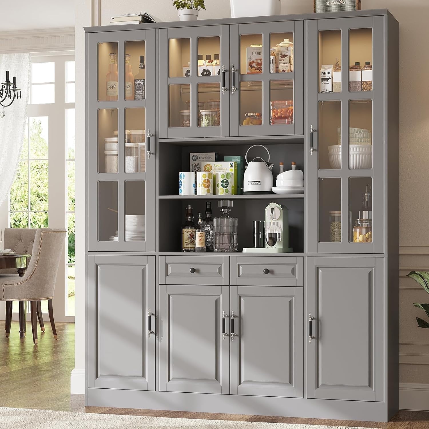 MEISSALIVVE 78.7" Kitchen Pantry Cabinet with Glass Doors & LED Lights, Freestanding Storage Hutch with Shelves, Gray Pantry Cupboard, 62.99" W x 15.7" D