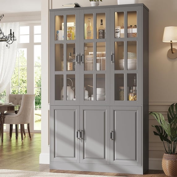 MEISSALIVVE 78.7" Kitchen Pantry Cabinet with Glass Doors & LED Lights, Freestanding Storage Hutch with Shelves, Gray Pantry Cupboard, 47.2" W x 15.7" D