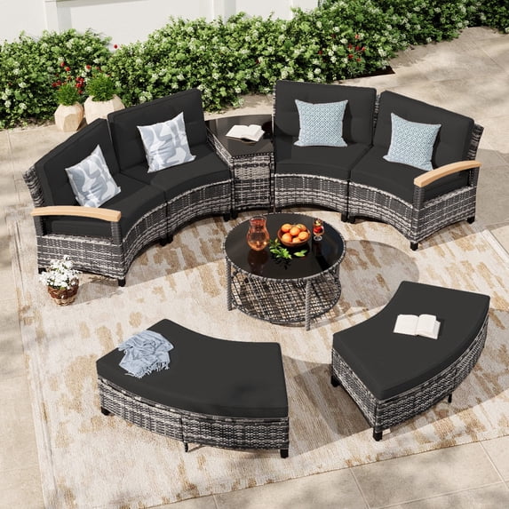 MEISSALIVVE 8-Piece Half-Moon Curved Outdoor Patio Furniture Set, Sectional Conversation Sofa with 2 Half-Moon Ottomans, Coffee & Side Tables for Backyard Deck Garden, Black