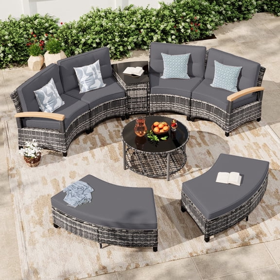MEISSALIVVE 8-Piece Half-Moon Curved Outdoor Patio Furniture Set, Sectional Conversation Sofa with 2 Half-Moon Ottomans, Coffee & Side Tables for Backyard Deck Garden, Gray
