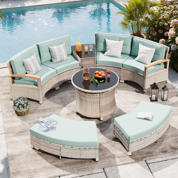MEISSALIVVE 8-Piece Half-Moon Curved Outdoor Patio Furniture Set, Sectional Conversation Sofa with 2 Half-Moon Ottomans, Round Coffee Tables for Backyard Deck Garden, Blue