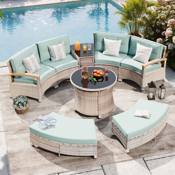 MEISSALIVVE 8-Piece Half-Moon Curved Outdoor Patio Furniture Set, Sectional Conversation Sofa with 2 Half-Moon Ottomans, Round Coffee Tables for Backyard Deck Garden, Blue