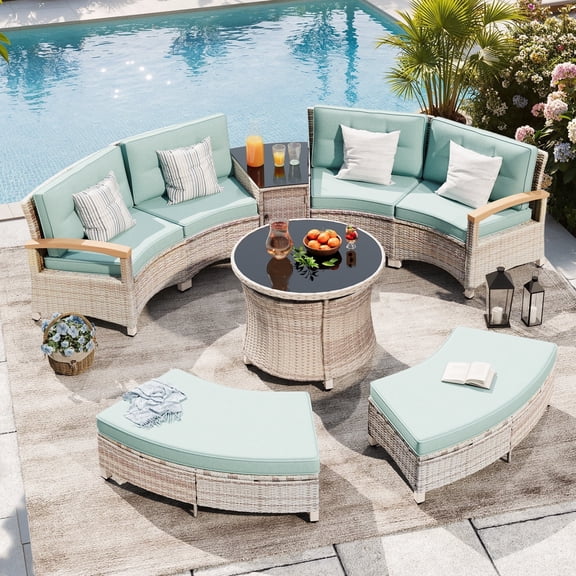 MEISSALIVVE 8-Piece Half-Moon Curved Outdoor Patio Furniture Set, Sectional Conversation Sofa with 2 Half-Moon Ottomans, Round Coffee Tables for Backyard Deck Garden, Blue