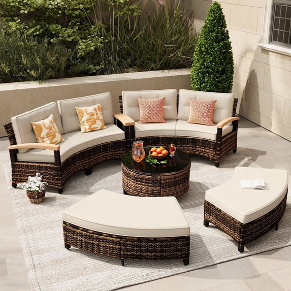 MEISSALIVVE 8 Piece Outdoor Patio Furniture Set, Half-Moon Curved Sectional Set with Wood Armrests, 2 Half-Moon Ottomans, Round Table (Brown)