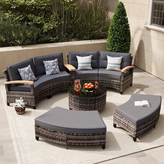 MEISSALIVVE 8 Piece Outdoor Patio Furniture Set, Half-Moon Curved Sectional Set with Wood Armrests, 2 Half-Moon Ottomans, Round Table (Gray)
