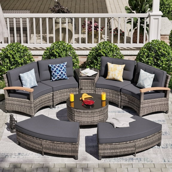 MEISSALIVVE 8 Piece Outdoor Patio Furniture Set, Half-Moon Curved Rattan Conversation Set with Wood Armrest, 2 Ottoman, Coffee Table & Side Table(Gray)