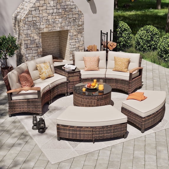 MEISSALIVVE 8 Piece Outdoor Patio Furniture Set, Half-Moon Curved Rattan Conversation Set with Wood Armrest, 2 Ottoman, Coffee Table & Side Table(Beige)